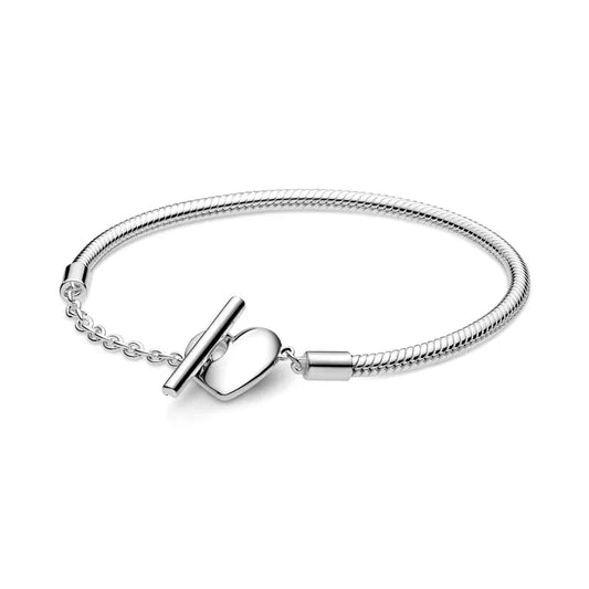 Silver bracelet with a clasp on a white background