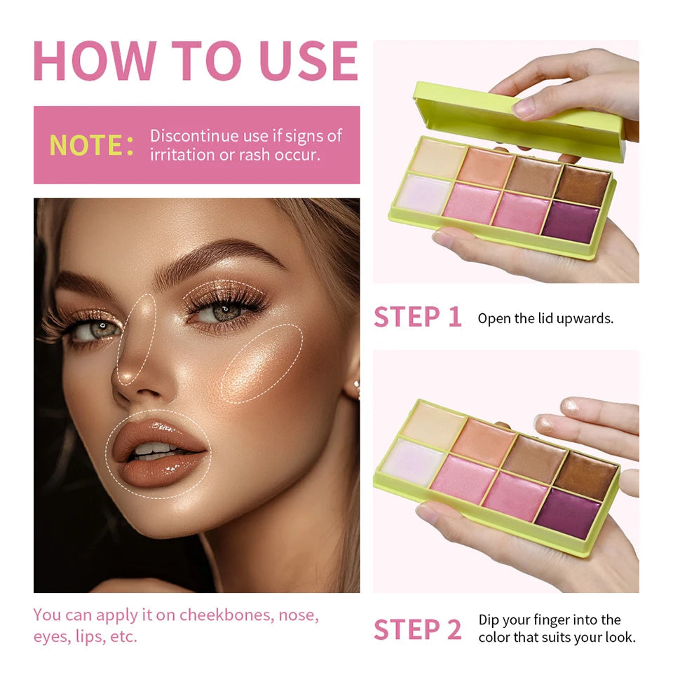 8 Colors Cream Highlighter Palette for Highlight, Blush & Contouring Pure Ember