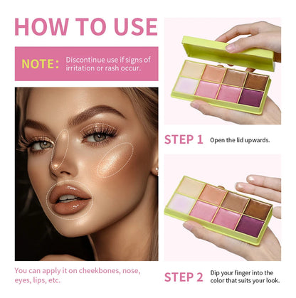 8 Colors Cream Highlighter Palette for Highlight, Blush & Contouring Pure Ember
