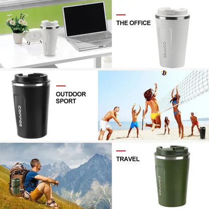 Thermo Cafe Mug - Stainless Steel Coffee Mug shown in office, outdoor sports, and travel settings. Versatile and eco-friendly.