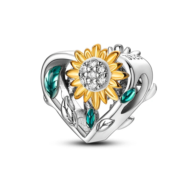 925 Sterling Silver Golden Sunflowers Heart Charms Pure Ember pandora style 