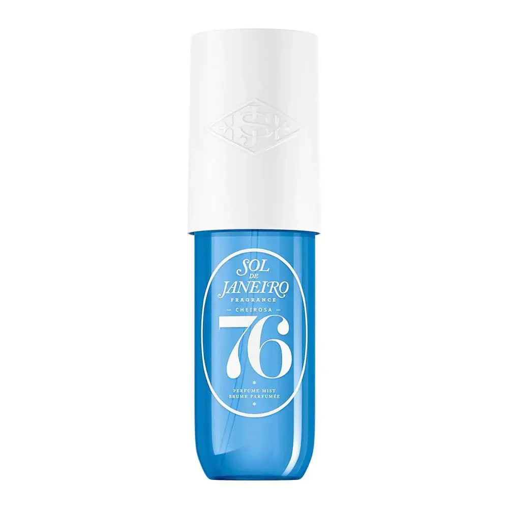 Blue and white spray bottle with 'Sol de Janeiro' 76 branding on a white background