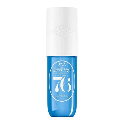Blue and white spray bottle with 'Sol de Janeiro' 76 branding on a white background