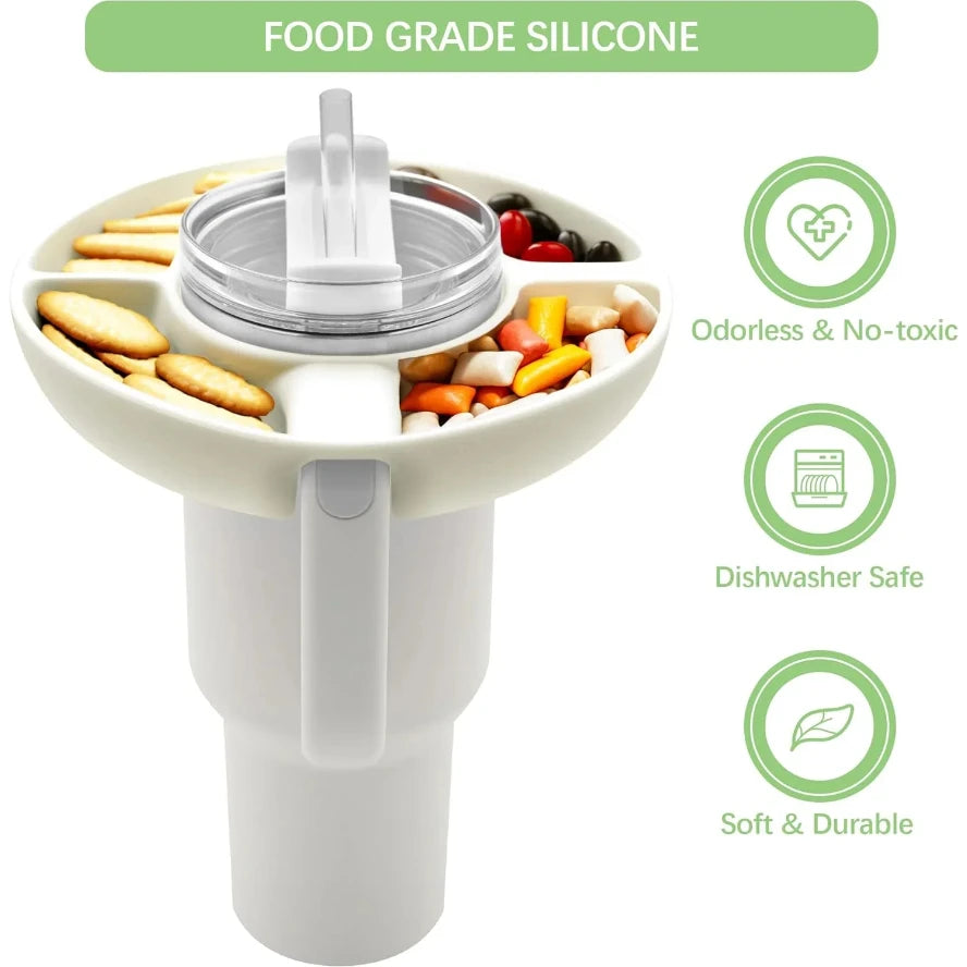 Stanley cup tray White silicone food storage container with food-grade material label and features on a white background