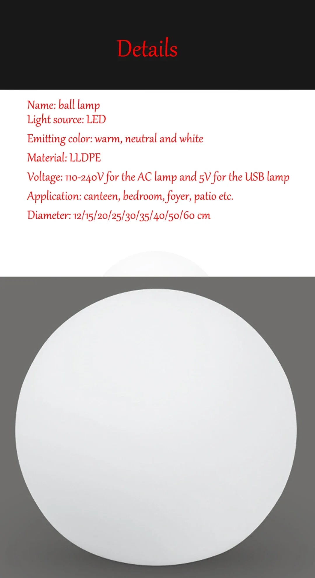 Ball lamp with technical details on a dark background