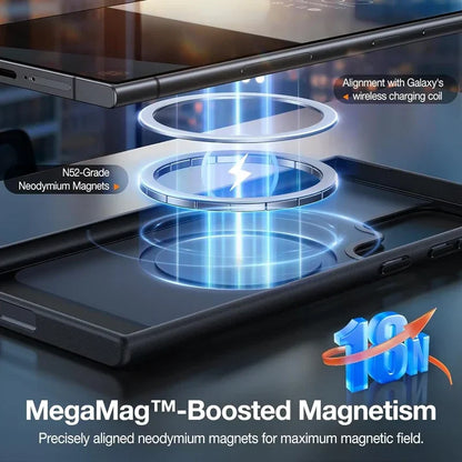 Smartphone with a magnetic case on a reflective surface, highlighting 'MegaMag™-Boosted Magnetism' technology.