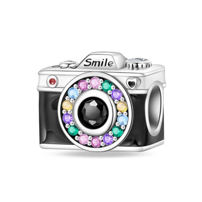 Camera-shaped charm with colorful gemstones and 'Smile' text on a white backgroundpandora style charm pendant. Gothic style, halloween theme 