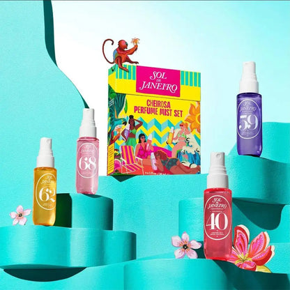 Collection of Sol de Janeiro perfume mist bottles and packaging on a colorful background