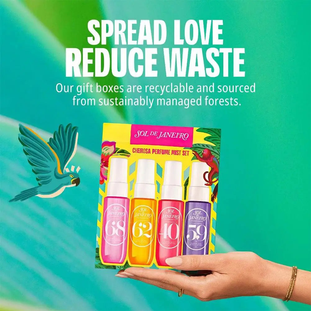 Sol Janeteiro Perfume set with packaging and text about sustainability on a green background