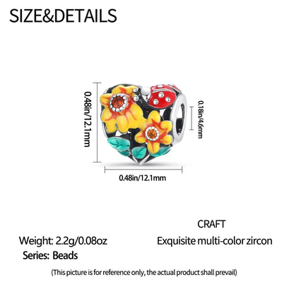 925 Sterling Silver Golden Sunflowers Heart Charms Pure Ember pandora style  floral heart