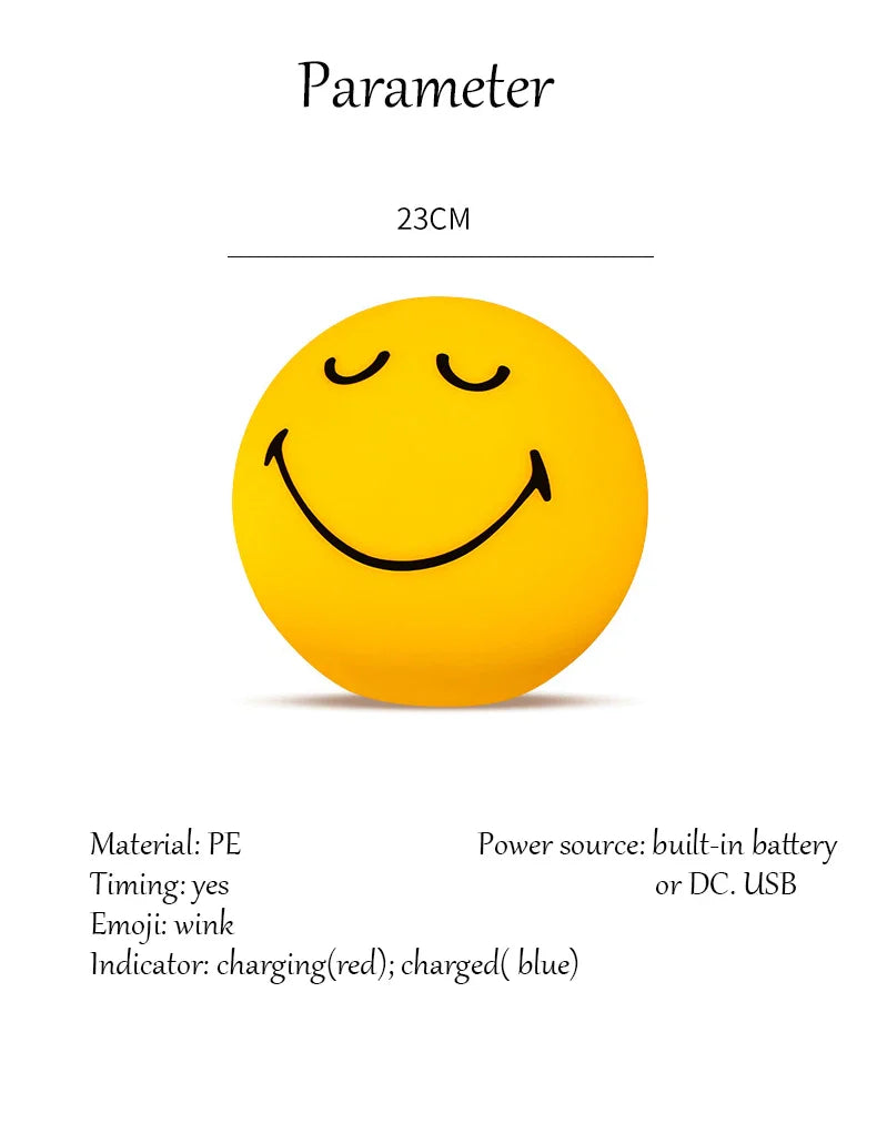 Yellow smiley face ball with product details on a white background