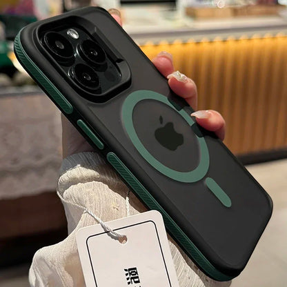 Phone case with Apple logo held by a person, blurred background