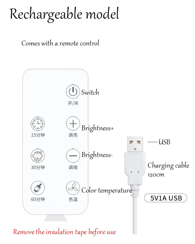 Diagram of a rechargeable model with remote control features and USB cable on a white background.