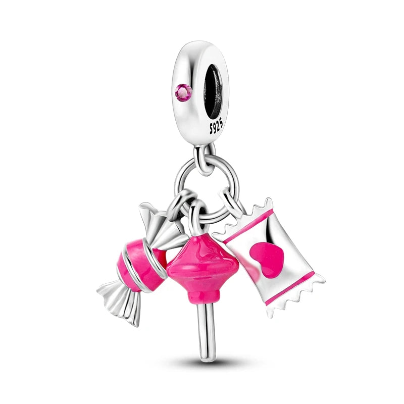 925 Sterling Silver Pink Series Colour Charms Beads Cut Girl Flower Pendant