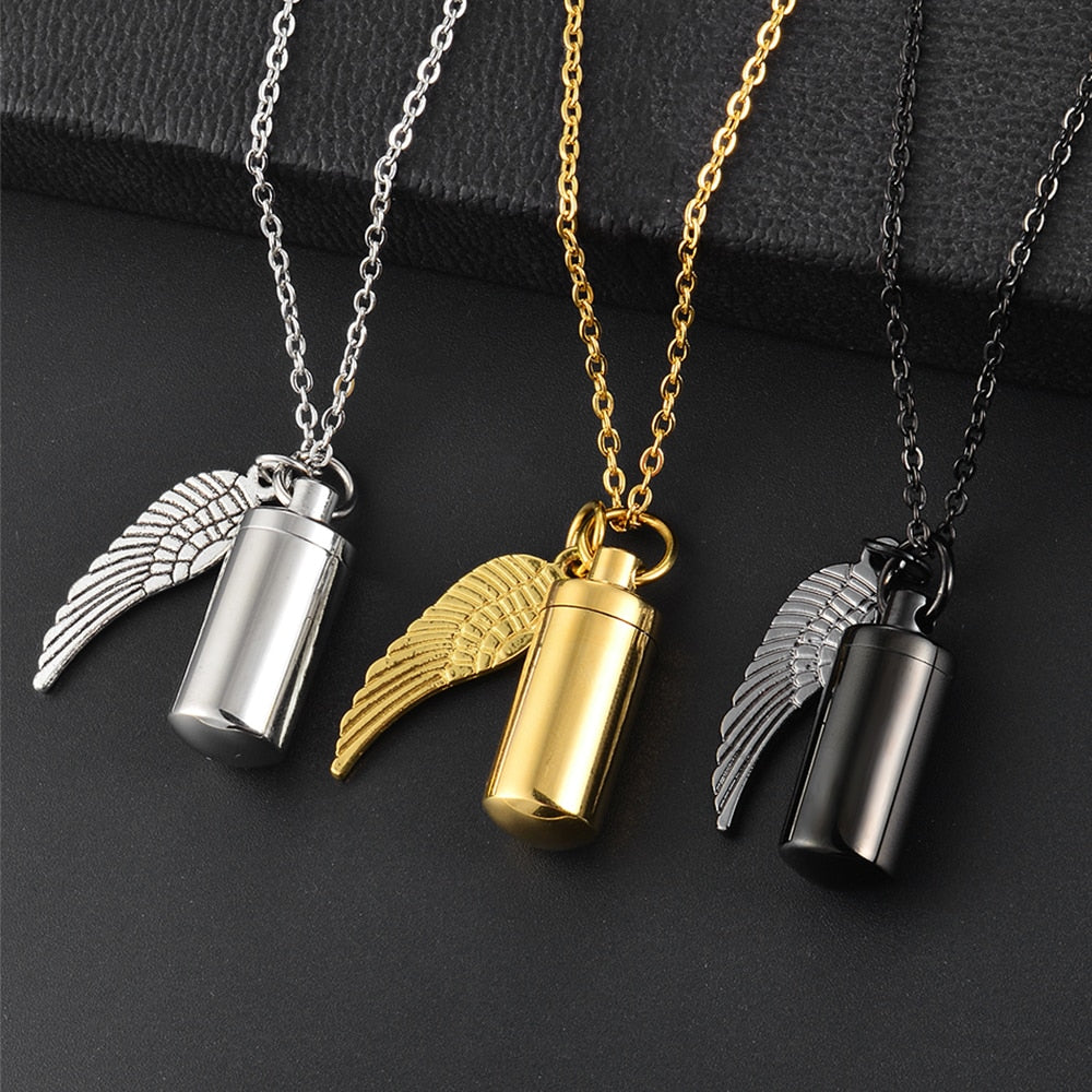 Cylinder Cremation Urn Necklace for Ashes with Angel Wing