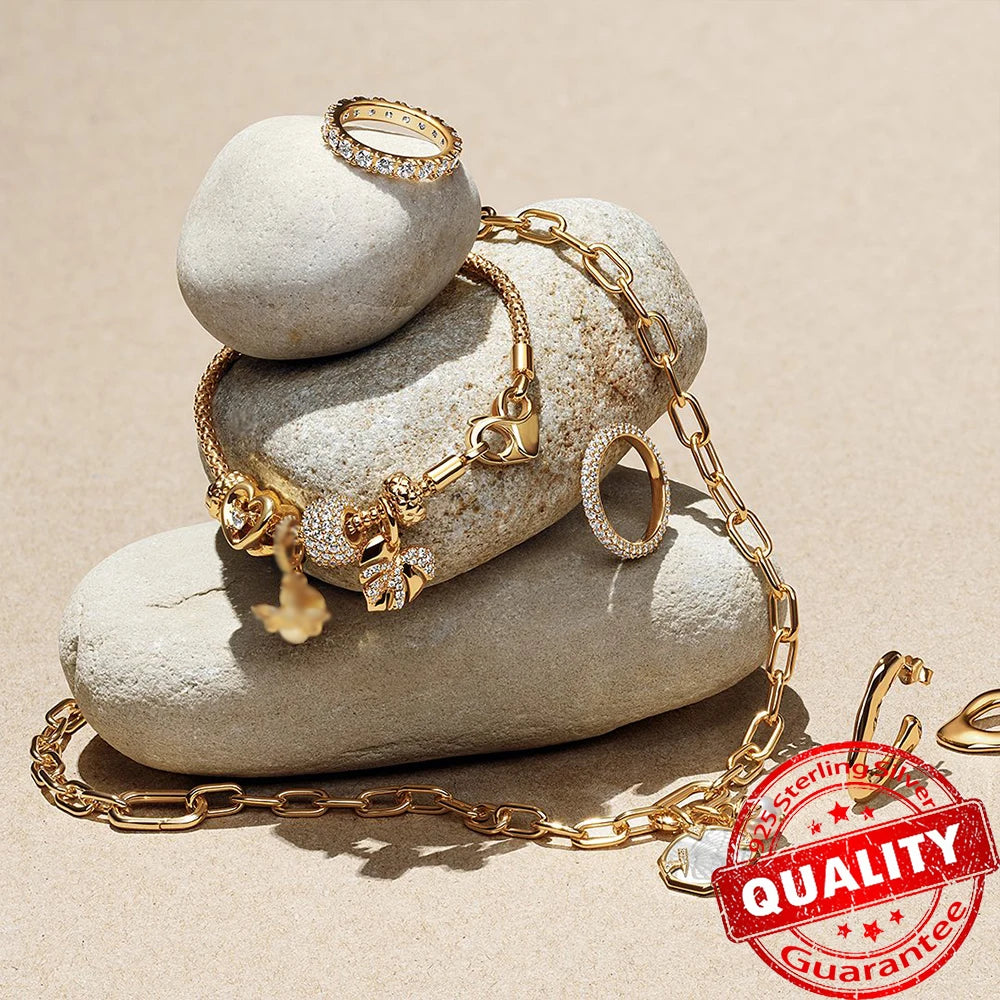 Sparkling Gold Monstera Leaf Charm Fit Original Bracelet 925 Sterling Silver Shark Tooth Mini Charms Pure Ember