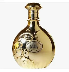 Gold perfume bottle with intricate design on a white background