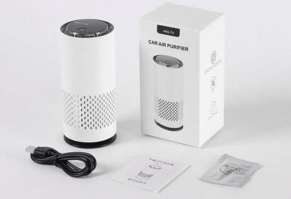 Car air purifier with packaging, power cable, and filter on a white background