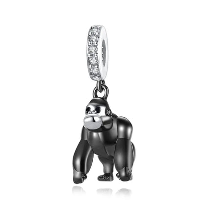 Gorilla charm with a silver hoop on a white background. pandora style charm pendant. animal lovers, king kong.