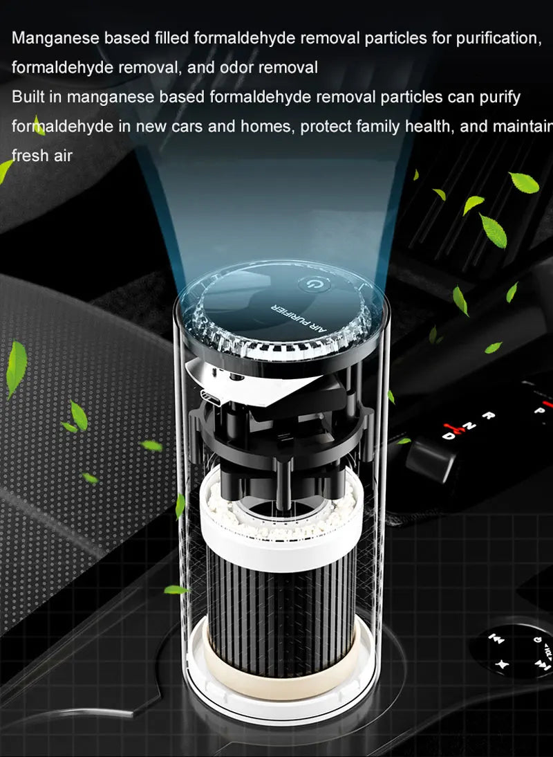 Car air freshener with manganese-based formaldehyde removal particles, showing interior car details.
