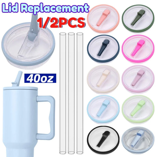 1 or 2 Pack 40 oz Tumbler Flip Straw Lid Reusable Replacement fit for Stanley Quencher Spill Proof in assorted colors with clear straws