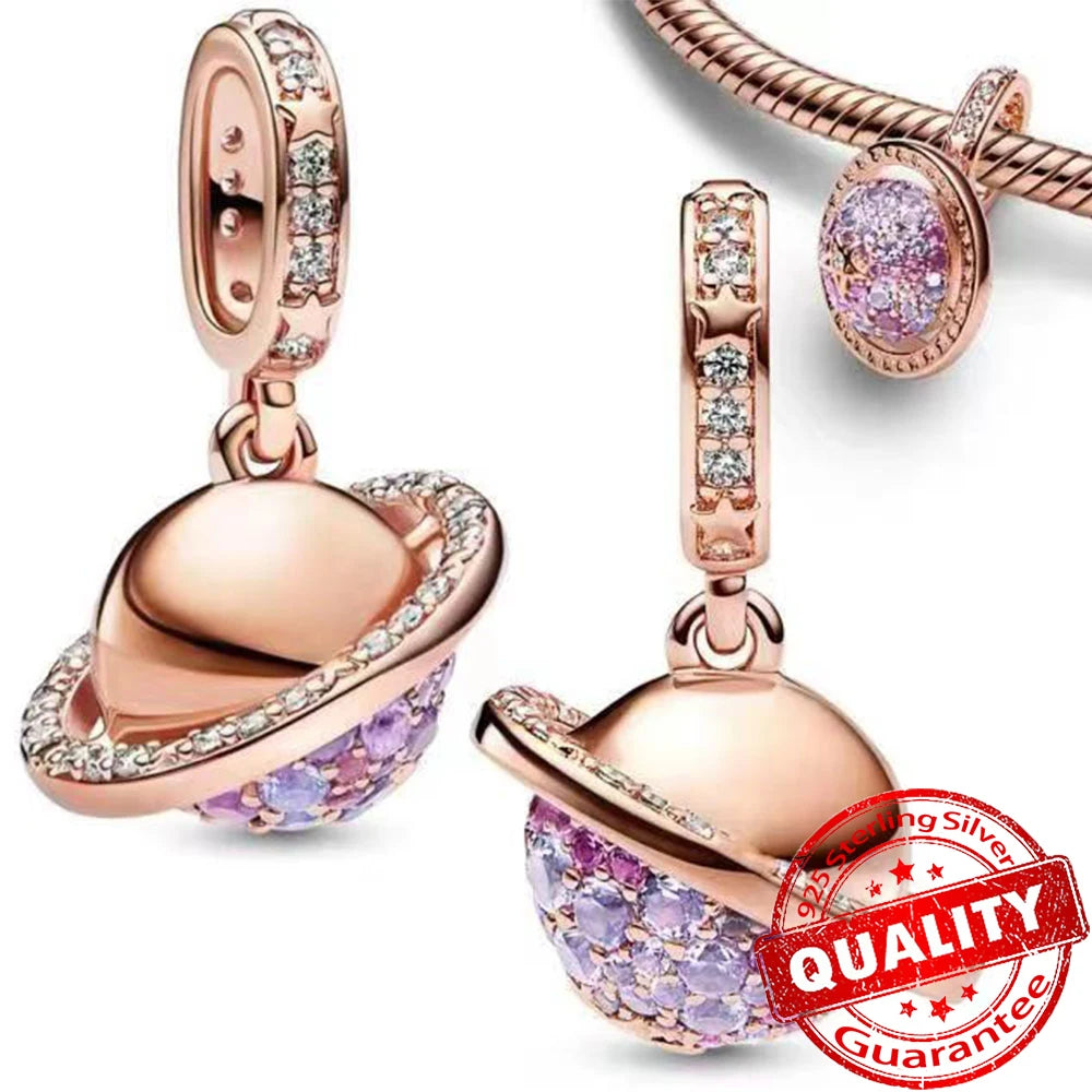 Sparkling Rose Gold Pavé Triple-row Beads Pink Gem Entwined Hearts Charm Fits Brand Bracelet Pure Ember