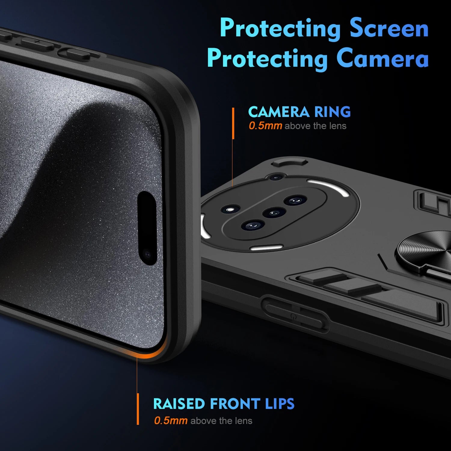 Phone case with text highlighting screen protection, camera ring, and raised front lips on a dark background.