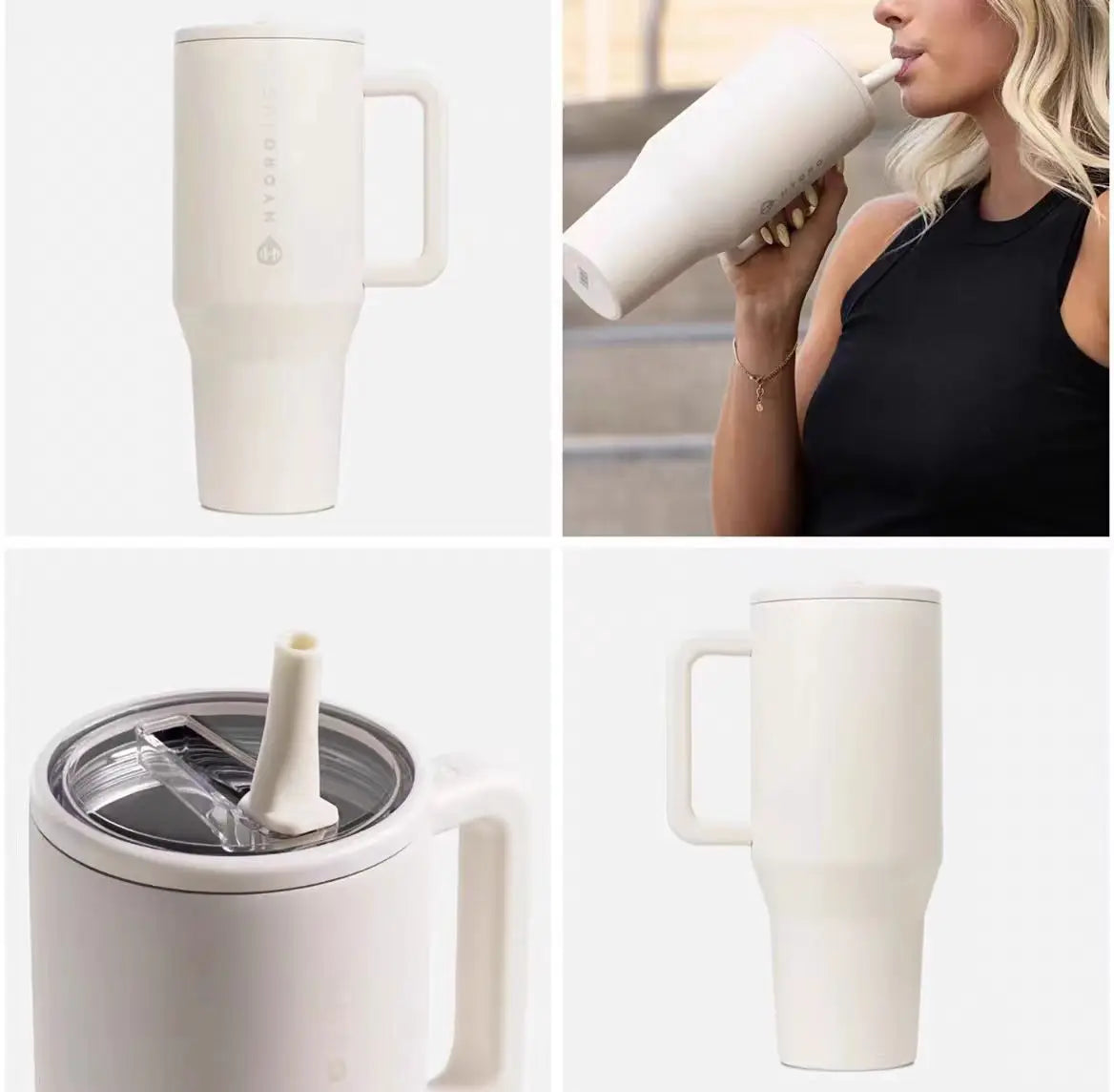 White HydroJug Gobelet 40OZ Voyageur Thermos shown in detail and in use, emphasizing ergonomic design and straw functionality.