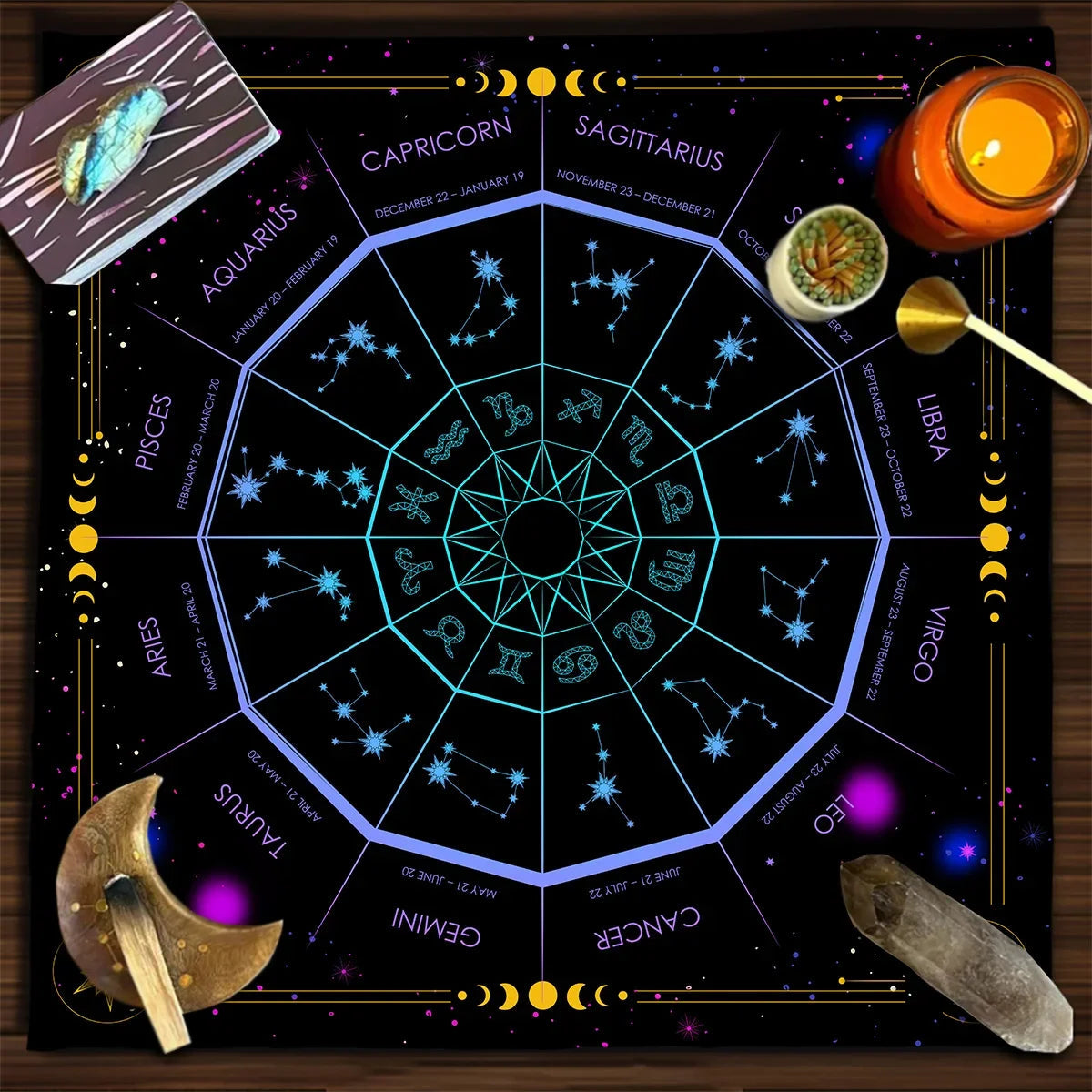 Sun Moon Starry Sky  Tarot Altar Cloth 12 Constellations Spread Tarot Reading Cloth Witchcraft Oracle Cards Pad  Home Room Decor Pure Ember