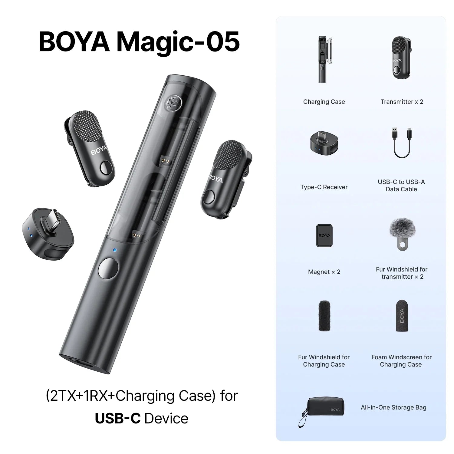 BOYA Magic-05 microphone set with accessories on a white background