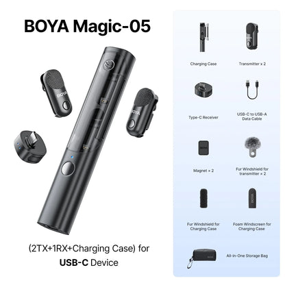 BOYA Magic-05 microphone set with accessories on a white background
