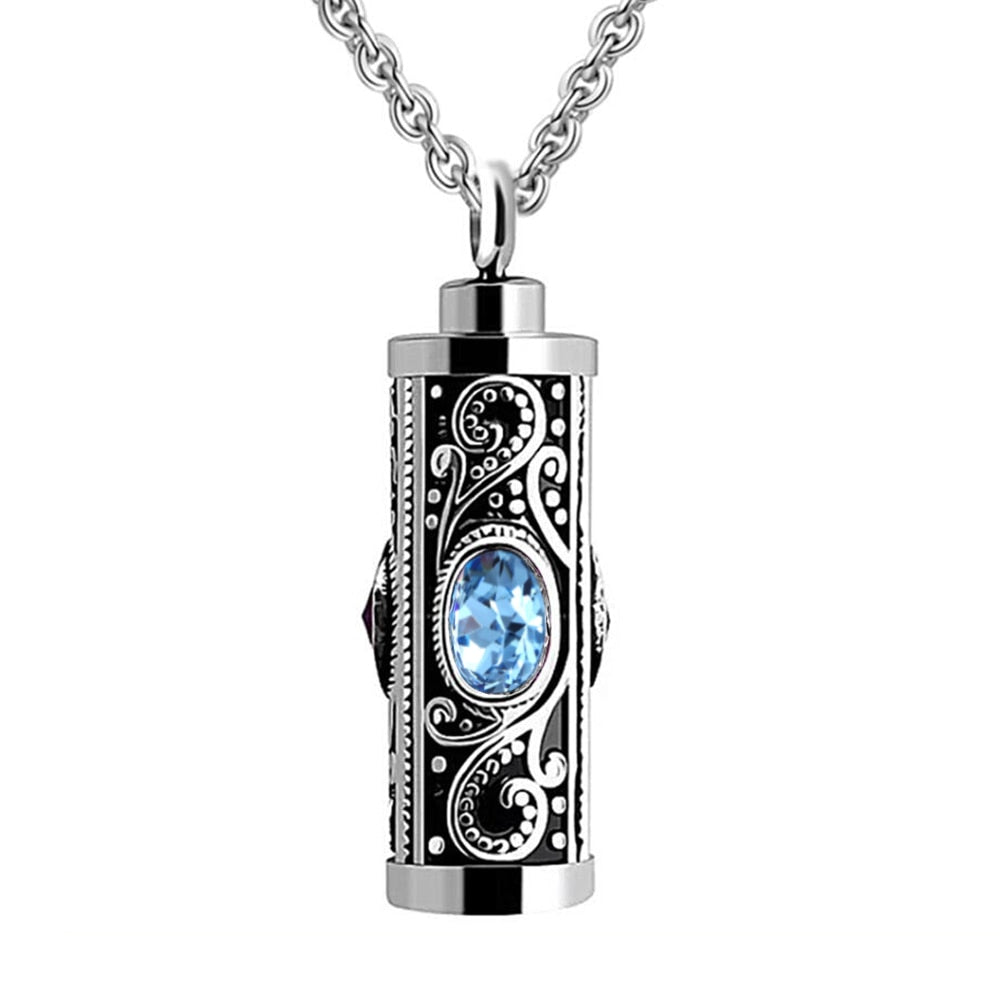 Crystal Cremation Urn Pendant Necklace blue