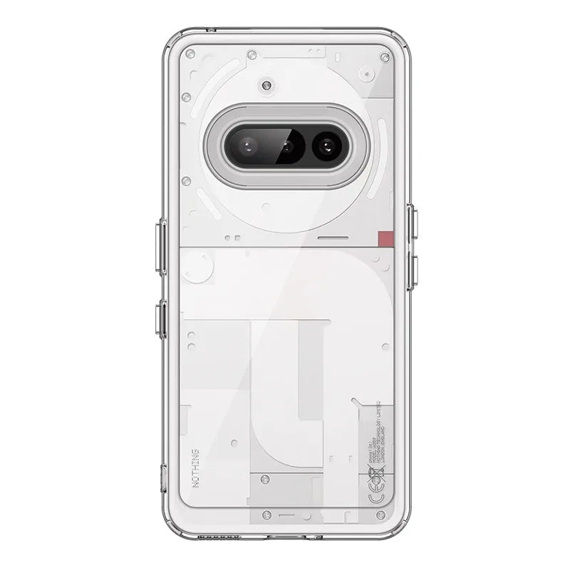 Clear phone case with visible branding on a white background