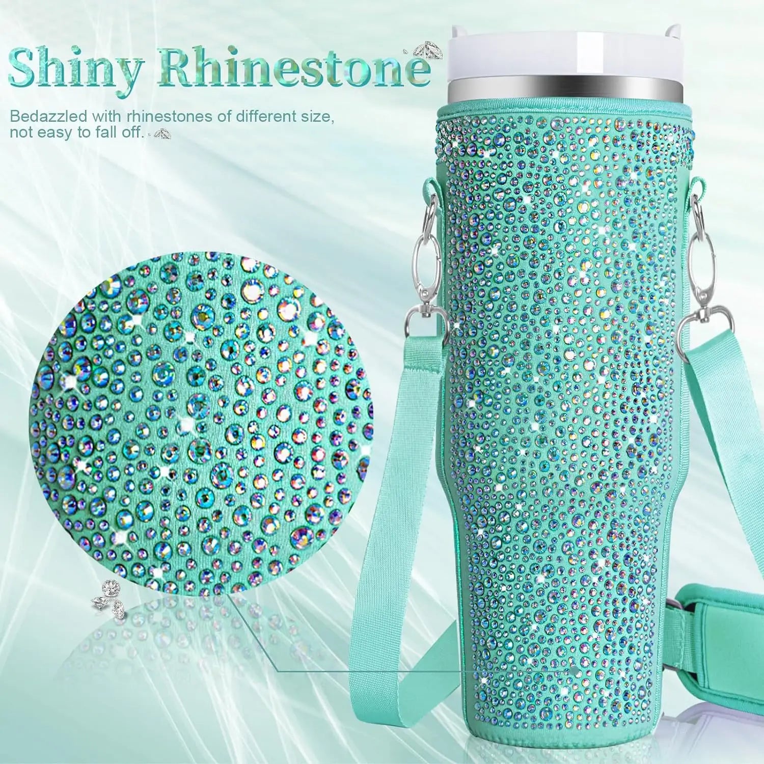 Turquoise glittery water bottle with rhinestones and a strap on a light blue background.