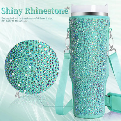 Turquoise glittery water bottle with rhinestones and a strap on a light blue background.