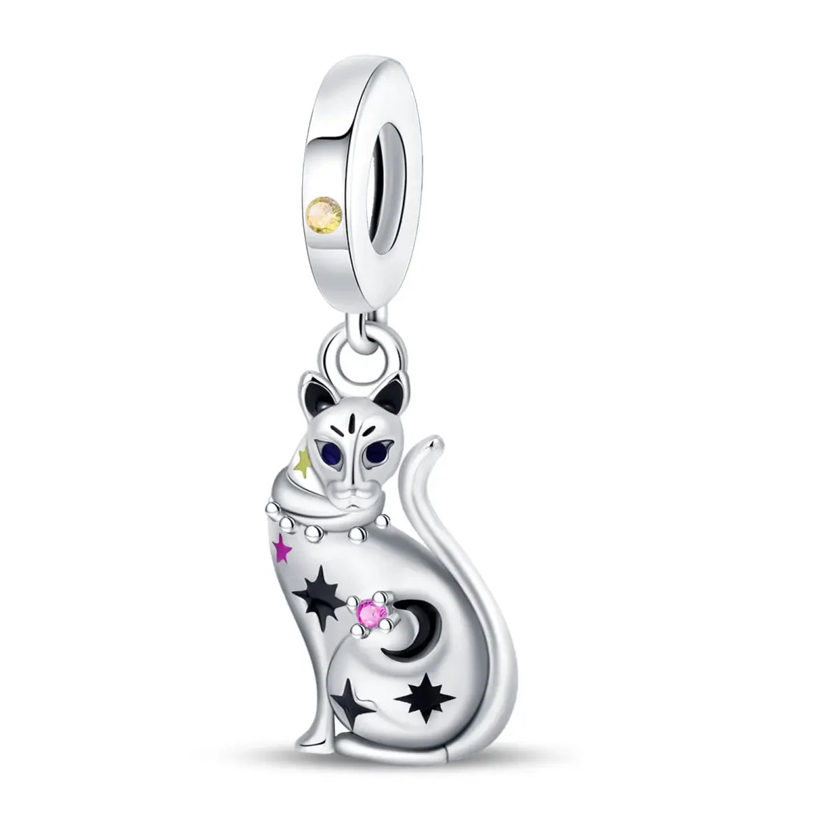 Silver cat-shaped charm with colorful accents on a white background