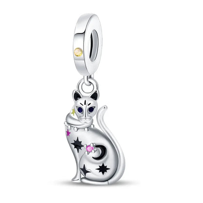 Silver cat-shaped charm with colorful accents on a white background