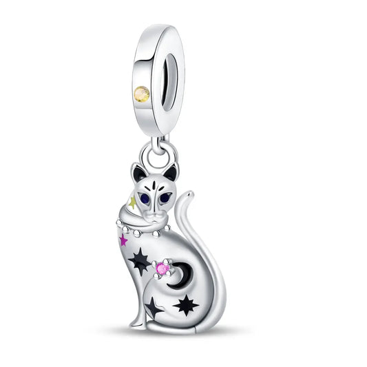 Silver cat-shaped charm with colorful accents on a white background