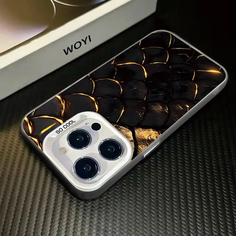 Phone case with floral design and 'WOYI' branding on a textured surface