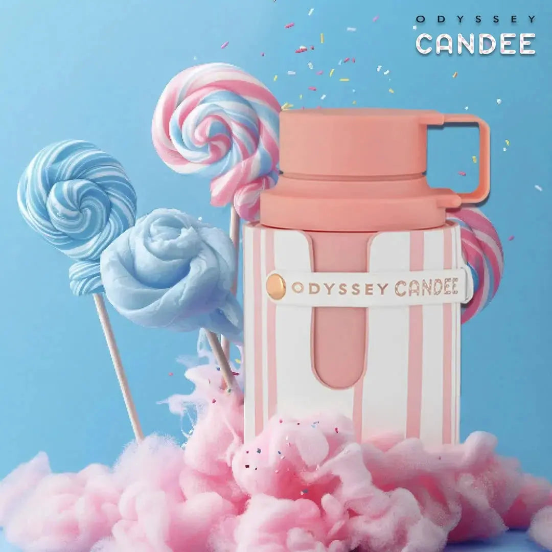 Pink and white striped water bottle with candy-themed design on a blue background, featuring the brand 'Odyssey Candee'.