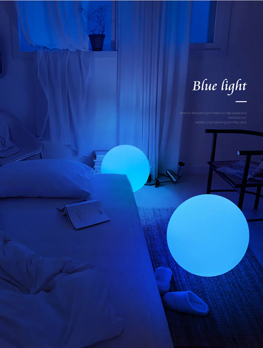 Two glowing blue spheres in a bedroom setting with 'Blue light' text.