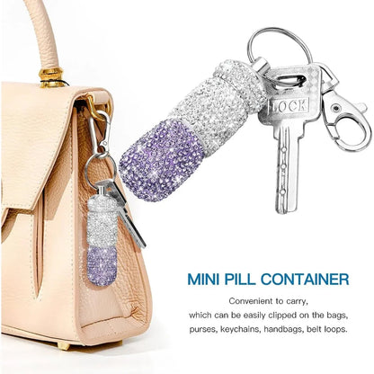 Bling Keychain Pill Box 2 Compartments Small Travel Pill Case Organizer Crystal Diamond Medicine Bottle Pill Bottle Keychain Pure Ember