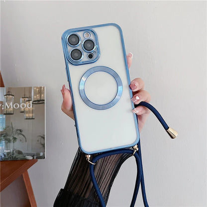 Phone case with blue accents held by a hand against a neutral background