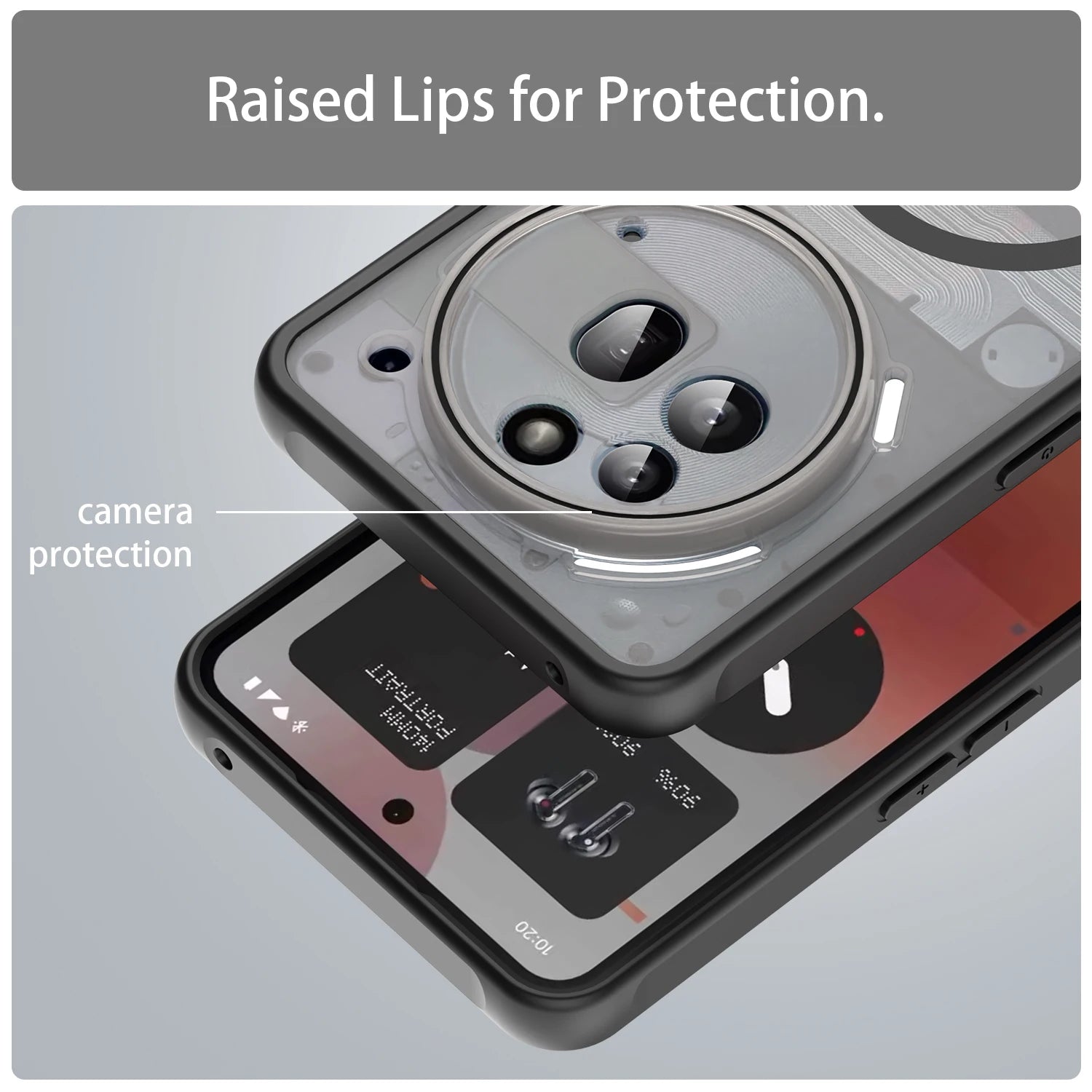 Phone case with raised lips for protection on a gray background