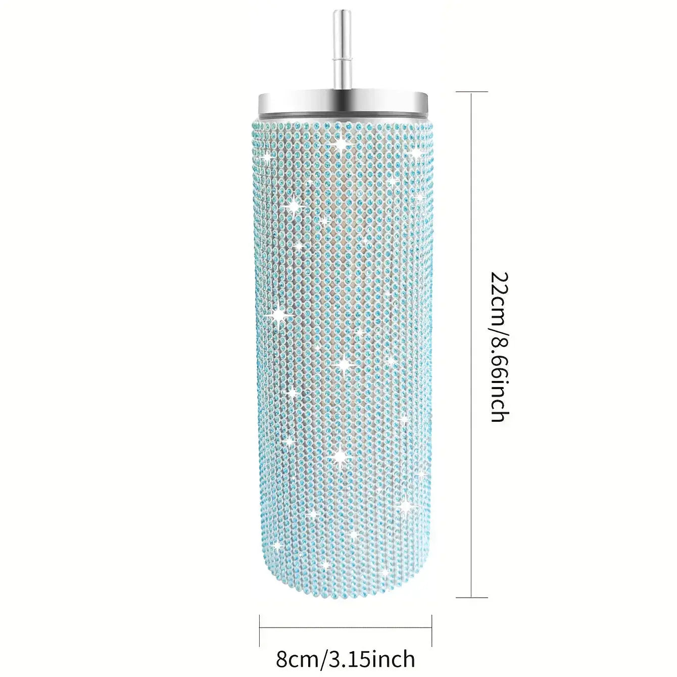 Tumbler with rhinestone embellishments and dimensions on a white background