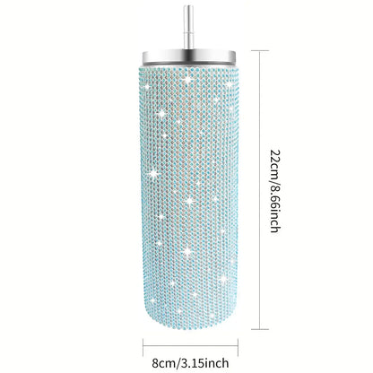Tumbler with rhinestone embellishments and dimensions on a white background