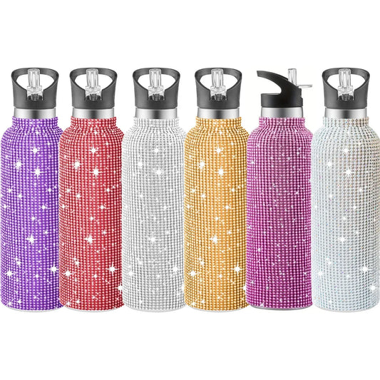 Set of six glittery water bottles in different colors on a white background