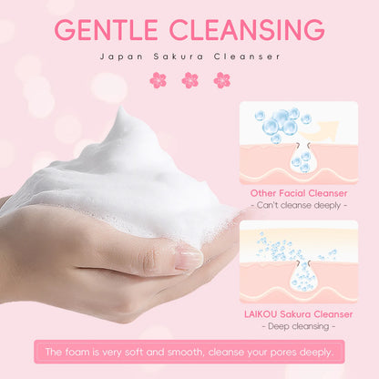 Hand holding foam with text about 'Gentle Cleansing' and 'Japan Sakura Cleanser' on a pink background.