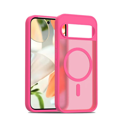Pink phone case with a clear back and magnetic ring on a white background