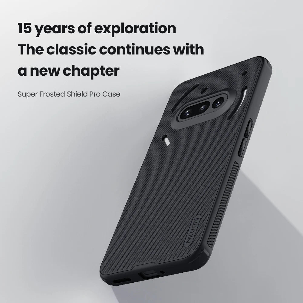 Black phone case with text '15 years of exploration. The classic continues with a new chapter.' on a light gray background.